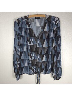 APNY Geometric Dusty Blue Cupro Blend Tunic Shirt Top XL Tie Front Long Sleeves